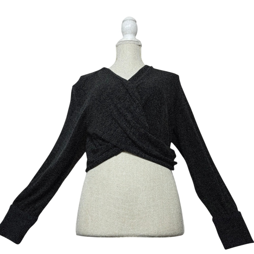 Anthropologie Womens Small Gray Surplice Wrap Front Cropped Long Sleeve Knit Top